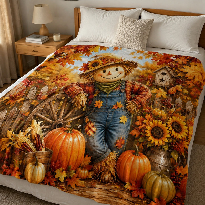 Couverture polaire douce et confortable à motif citrouille et épouvantail, couverture décorative en peluche sur le thème de la récolte d'automne pour canapé, lit et décoration intérieure