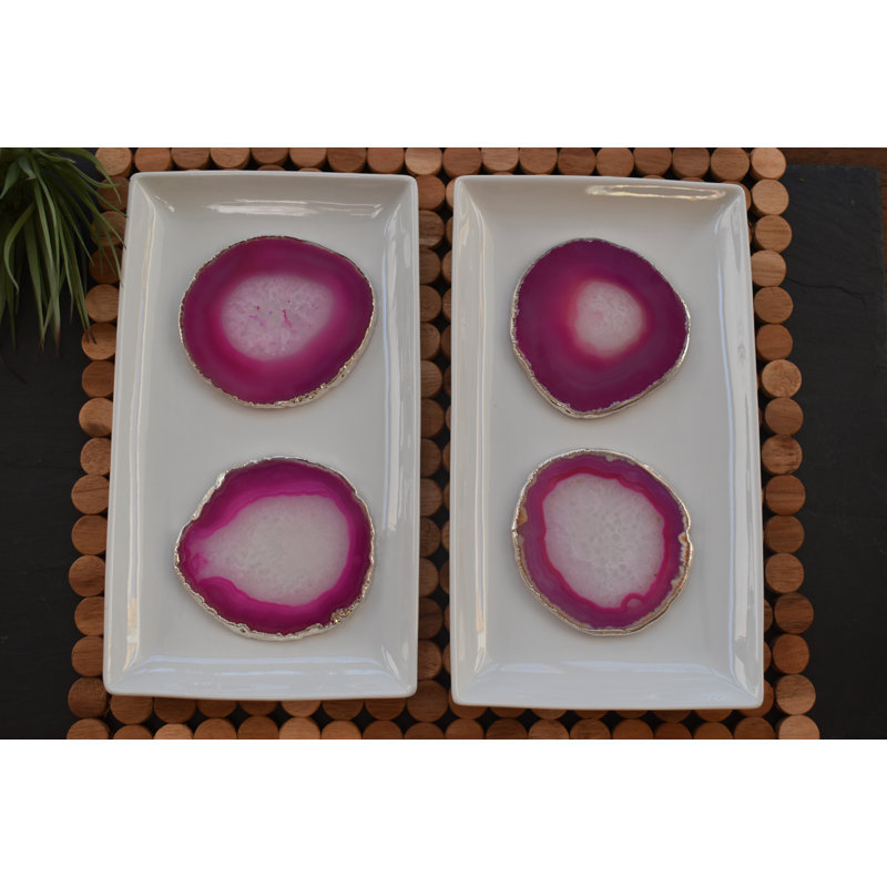 Pink Agate Stone Coasters with Gold Edge, Set of 4