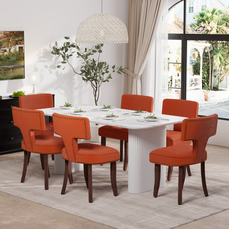 Ensemble de salle à manger rectangulaire en bois avec chaise rembourrée, 7, Orange