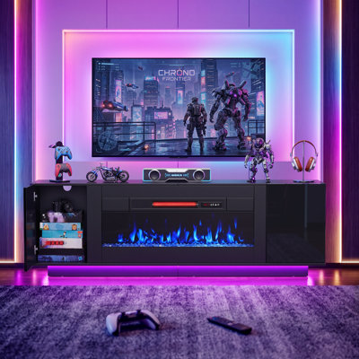 Meuble télé de 70 po avec foyer électrique, console télé avec éclairage DEL RVB, flamme 3D, chauffage 1500 W, compatible avec les téléviseurs jusqu'à 80 po, noir