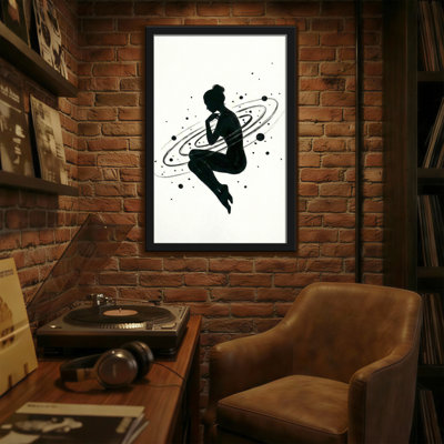 Silhouette abstraite, femme en orbite autour de planètes, conception cosmique