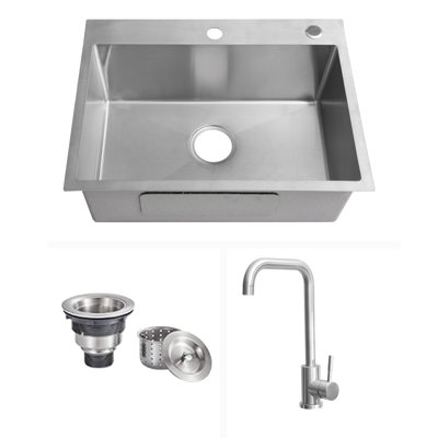 Évier de cuisine à cuve simple en acier inoxydable 23,6 po L avec robinet