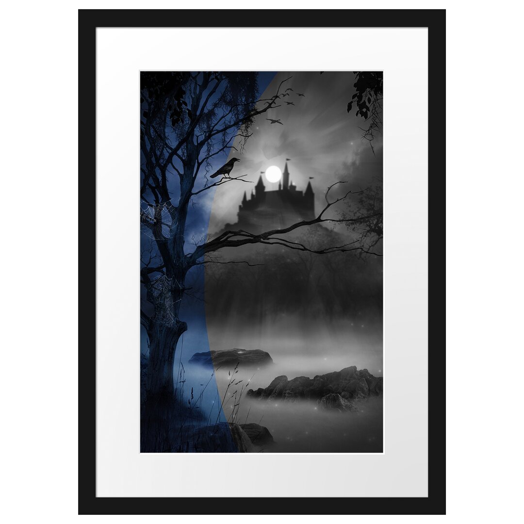 Gerahmtes Poster Wald mit Burg bei Nacht