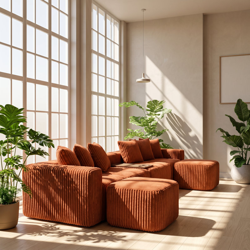 Hearth & Foster 137.5" W x 63" D x 31" H 6-Seat Corduroy U-Shaped Modular Sectional Sofa, Orange Corduroy
