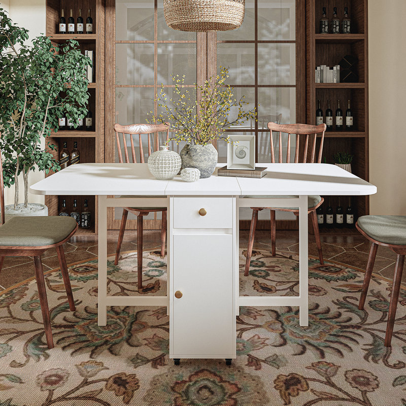 No Assembly Required, 58.9'' Folding Dining Table For Small Space, Rectangular Wooden Extendable Dinning Table With Wheels And Storage For Dining Room