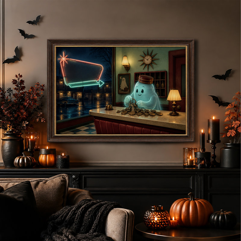 Un groom fantôme bleu lumineux avec des clés, une toile murale rétro pour l'Halloween, H 16 po x l 24 po