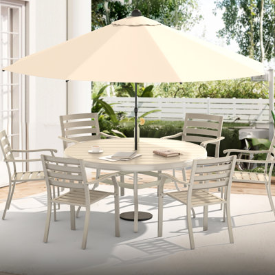 Table de salle à manger d'extérieur toutes saisons ronde pour 6 7 personnes, métal avec trou de parasol réglable, résistance à la rouille thermolaquée, conception et durabilité des pieds pliés, finition polie à la main, 53,38 po x 27,91 po
