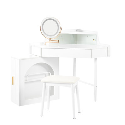 Corner Makeup Vanity Desk With Adjustable Folding Mirror, 3-color Led Lighting, Adequate Storage And Stool