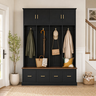 Lisson 59'' Wide Farmhouse Hall Tree with Bench, 4 Coat Hooks, Upper Cabinets and 4 Storage Drawers