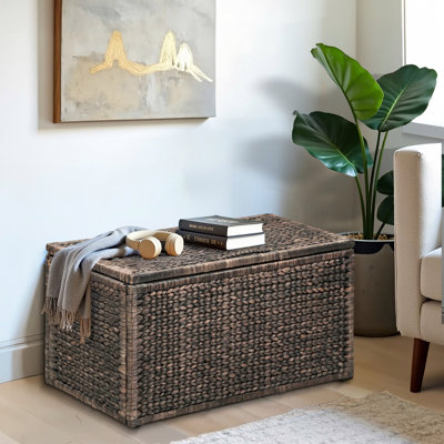 Ved Heavy-duty Water Hyacinth Wicker Storage Trunk with 2 Safety Hinges and Metal Frame, 18.5" H x 36" W x 20" D, Brown Wash
