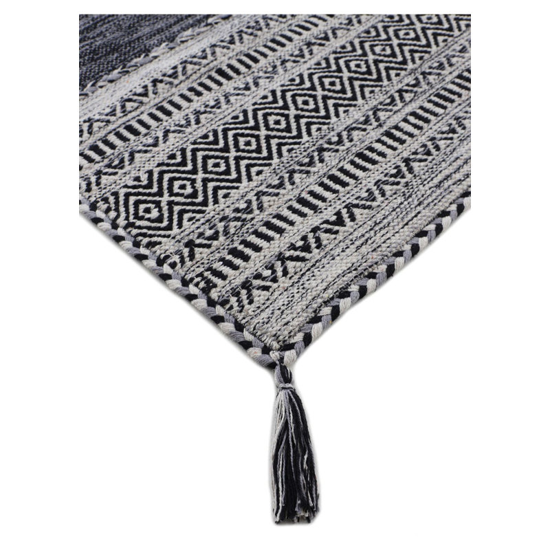 Azizi Striped Hand Woven Cotton Black Rug, Runner 80 x 500cm