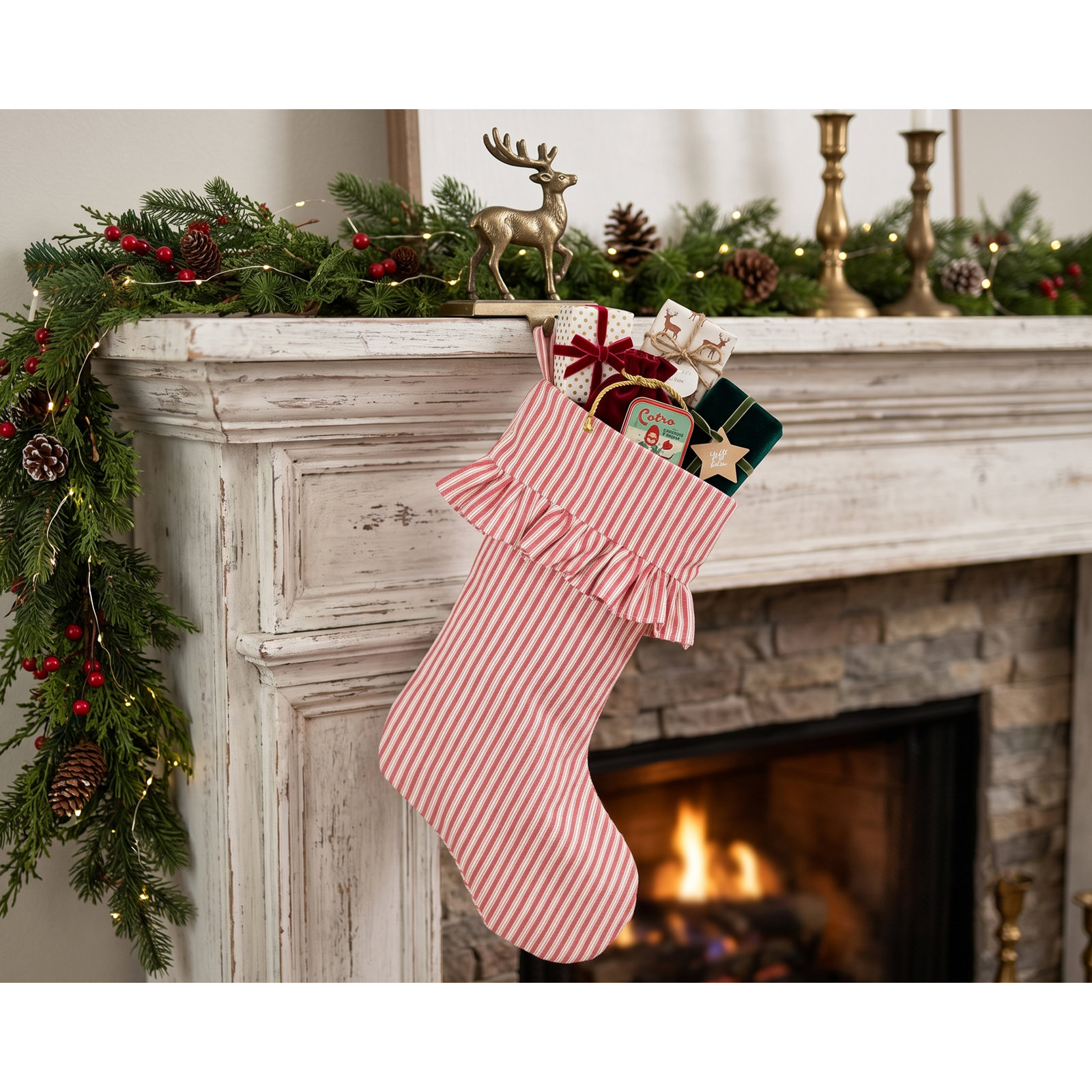 Polo Stripe Ruffled Christmas Stocking, Red
