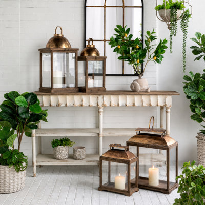 Console 63 po à 3 niveaux, bois vieilli pour entrée - blanc / beige