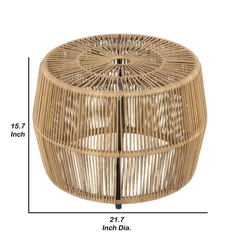 Zyan Outdoor Coffee Table, 22 Inch Natural Brown Rattan Wicker, Steel Frame