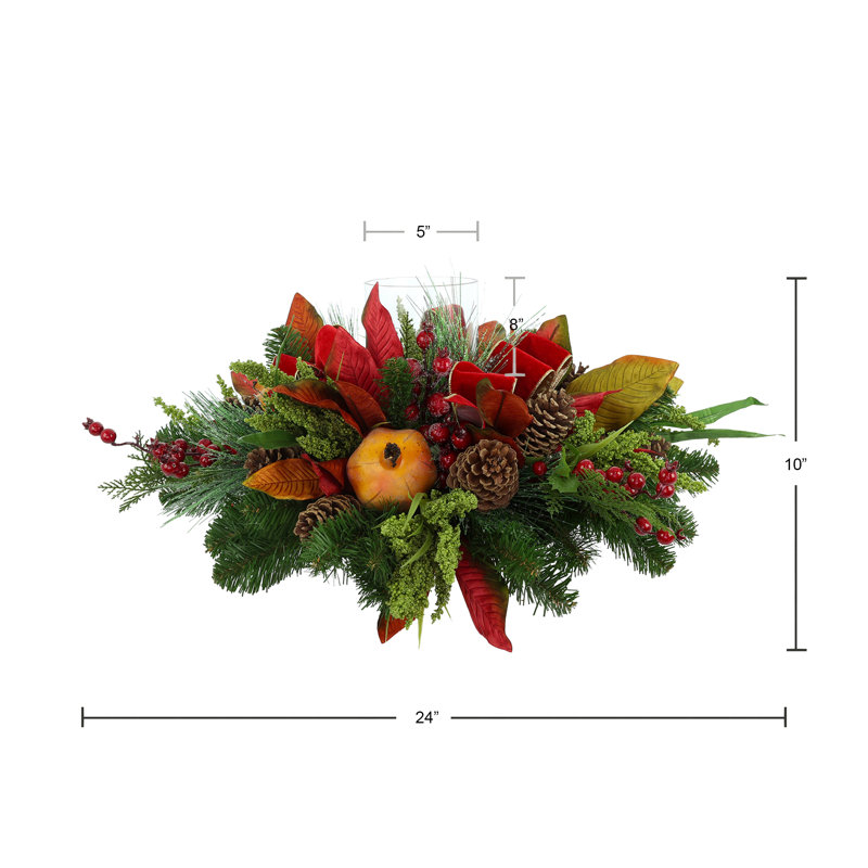 Holiday Candleholder Arrangement with Evergreens and Pinecones