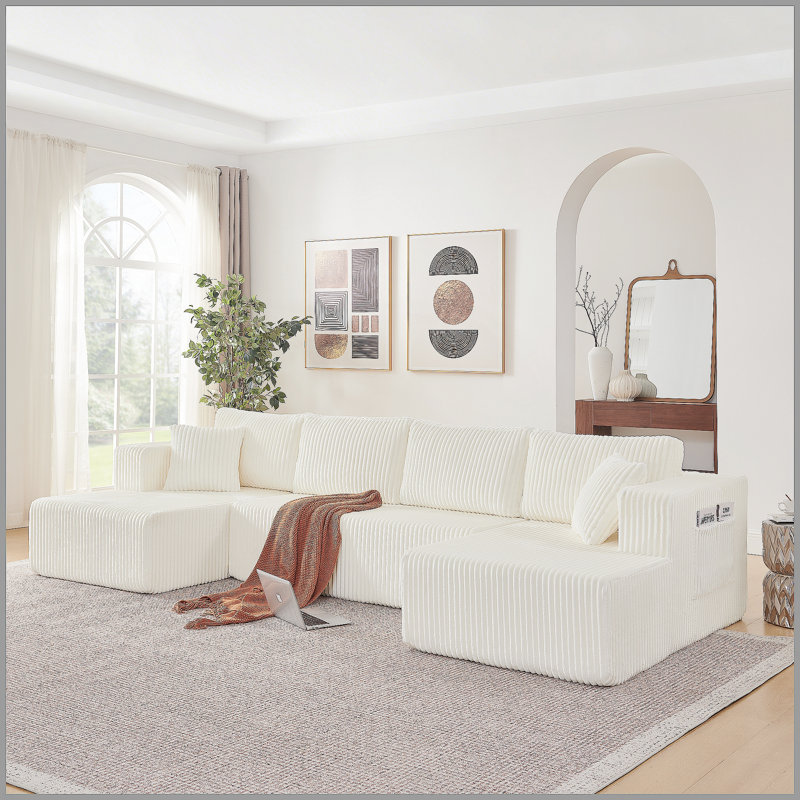 Canapé modulaire en forme de U de 132 po, canapé-lit Comfy avec poches latérales, canapé-lit en mousse à mémoire de forme minimaliste moderne en velours côtelé pour salon, aucun assemblage requis, beige