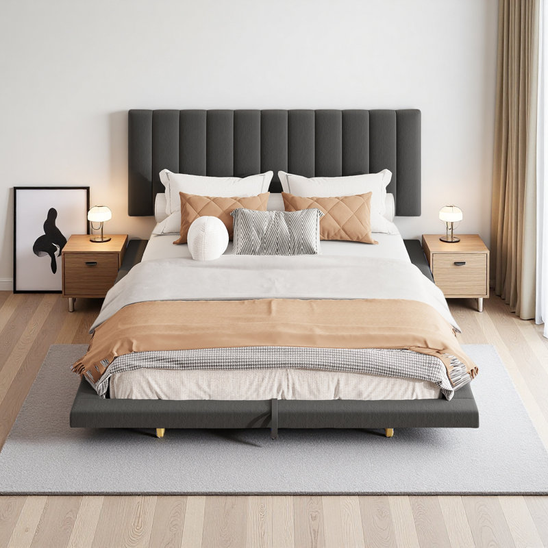 Grand lit flottant rembourré avec lumière DEL et port USB, lit plateforme en velours Hydrualic, Gris