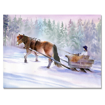Cheval avec un traîneau dans un paysage enneigé - Peinture sur toile