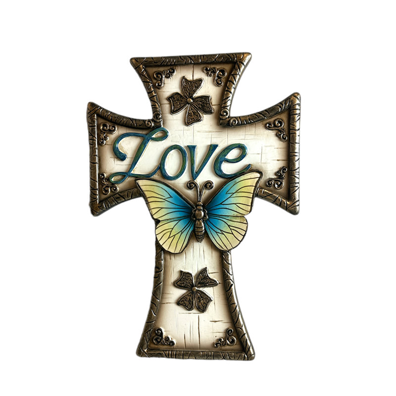 Polyresin Inspirational Love Butterfly Ornate Flower White Religious Hanging Wall Cross Décor