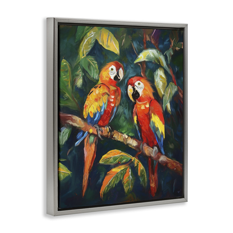 «Perroquet paire sur branche» par Ramona Murdock, Cadre flottant gris lustré, H 31 po x l 25 po x P 1,7 po