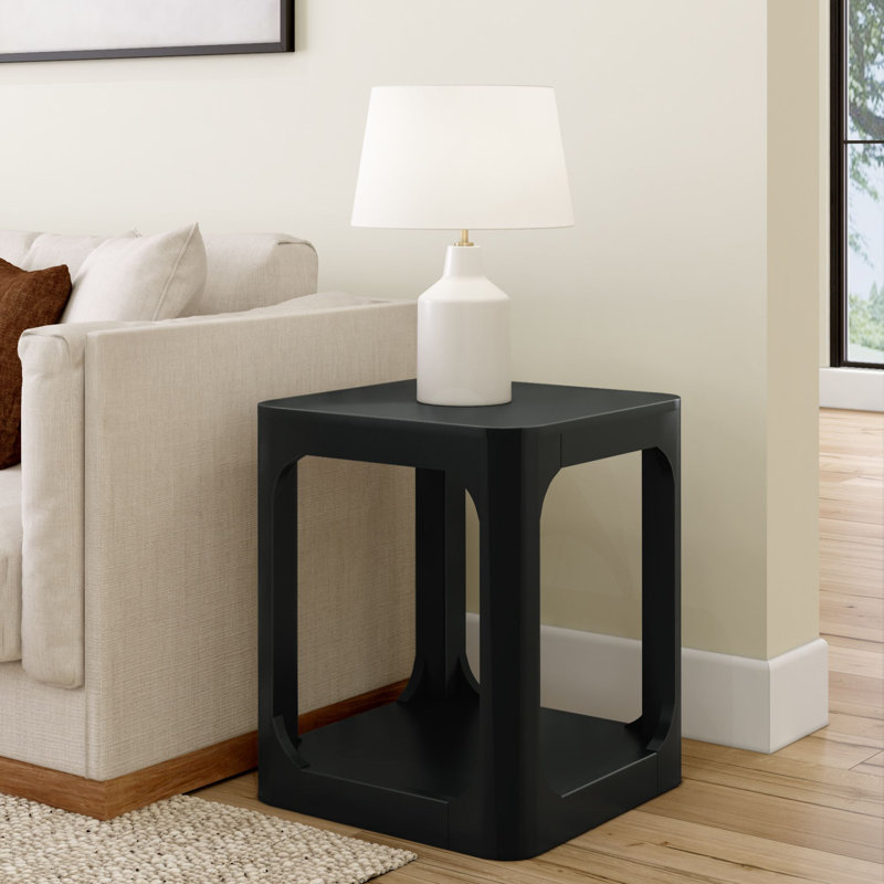 Table d'appoint moderne carrée arrondie avec tablette (20 po x 20 po / 510 mm x 510 mm), Noir, noir, noir, noir