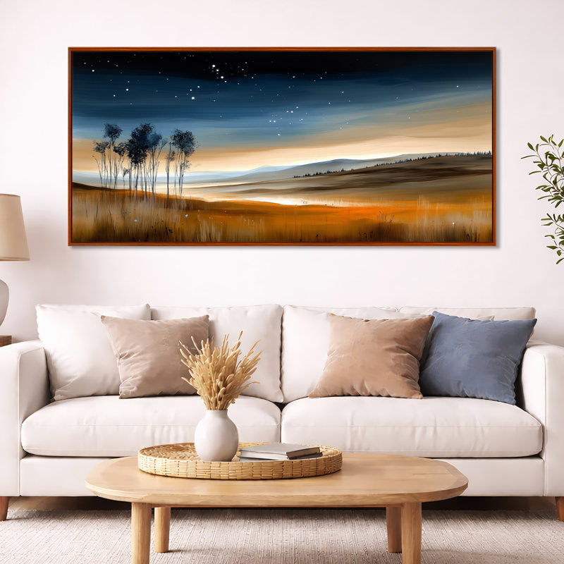 «Blue Orange Starry Night Over Meadow II», impressions encadrées par la nature, décoration murale rustique, H 28 po x l 60 po