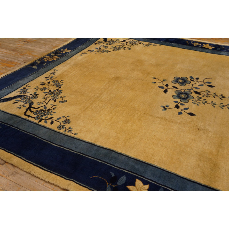 Wool Antique 1920s Blue Ivory Beige Cream White Rectangle Hand Knotted Pile Rug
