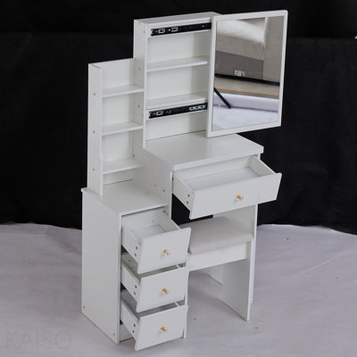 Petite coiffeuse 29,2 po avec tabouret de chevet gauche + tabouret rembourré, très grand miroir coulissant à droite, rangement multi-couches grande capacité, commode pratique et pratique, convient aux petits espaces