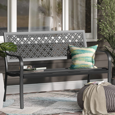 Roselynne Outdoor Steel Garden Bench with Carved Floral Back