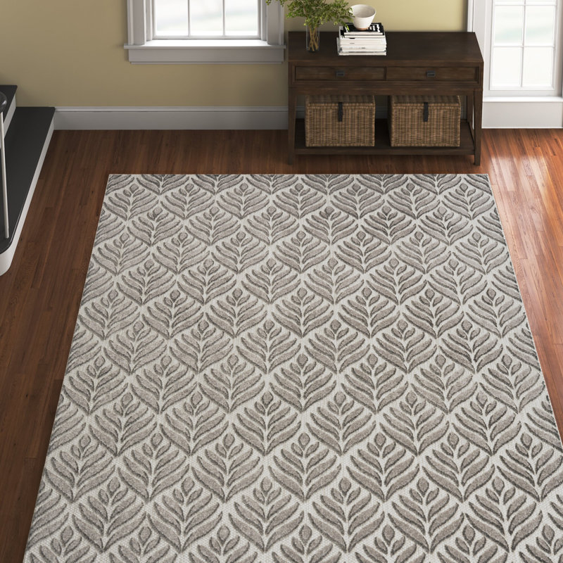 Rectangle Airabella Floral Machine Woven Polypropylene Indoor/Outdoor Area Rug in Gray/Ivory, Rectangle 9' x 12'
