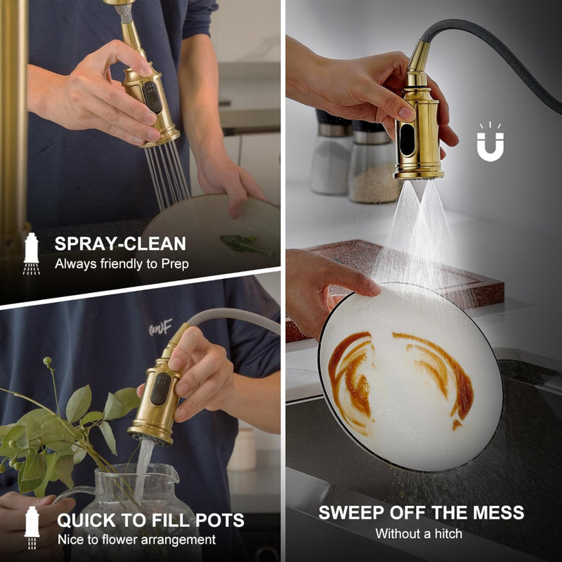 Curtura Gold Kitchen Faucet with Pull Down Sprayer, Single Handle Kitchen Sink Faucet with Magnetic Docking Spray 3-Function, Brass Faucet for Kitchen Sink 1 Hole and 3 Hole, KF421-SG-M