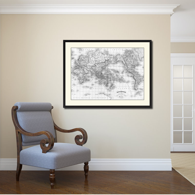 Reproduction de carte du monde rétro sur toile avec cadre personnalisé noir, 16 x 21, H 16 po x l 21 po