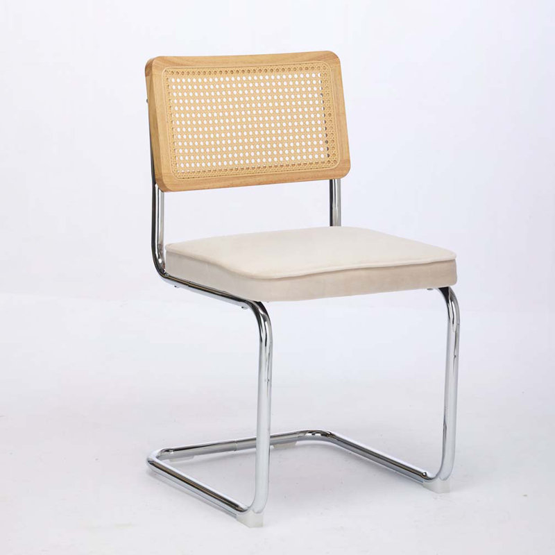 Ensemble de chaises de salle à manger rembourrées en velours avec dossier en canne, base en métal, Beige