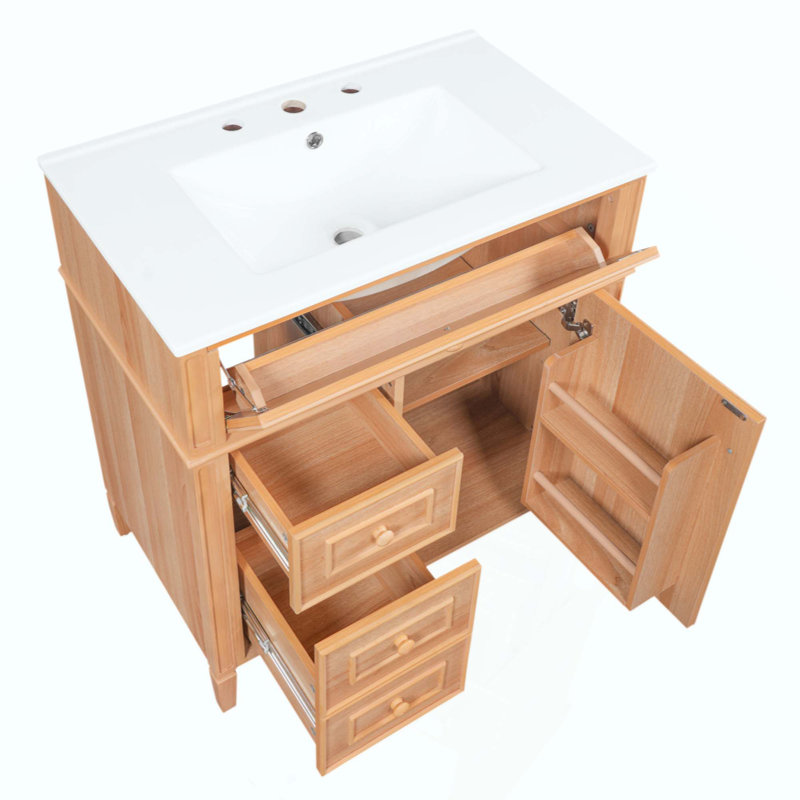 Meuble-lavabo de salle de bain avec lavabo, meuble-lavabo en bois avec tiroir rabattable, 2 tiroirs à fermeture en douceur, 1 porte à fermeture en douceur, bois massif et panneau de fibres à densité moyenne, poignées en bois élégantes