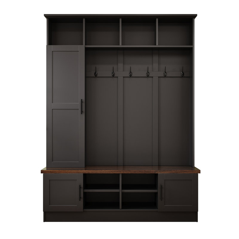 Versatile 3-In-1 Hall Tree With 6 Hooks, Farmhouse Walnut Storage Bench With Adjustable Shelves, 55"W Modern Entryway Coat Rack With Multiple Storage Space For Mudroom, Living Room