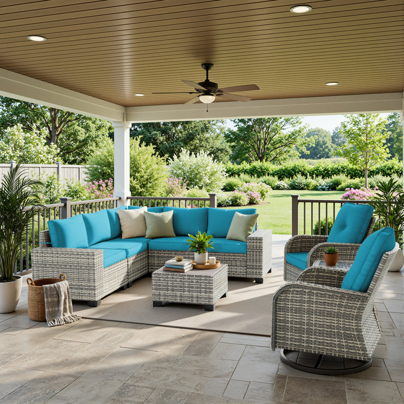 9-Piece Outdoor HDPE Wicker Patio Conversation Set With Wide Armrests, Sectional Sofa & Swivel Chairs, Turquoise Blue