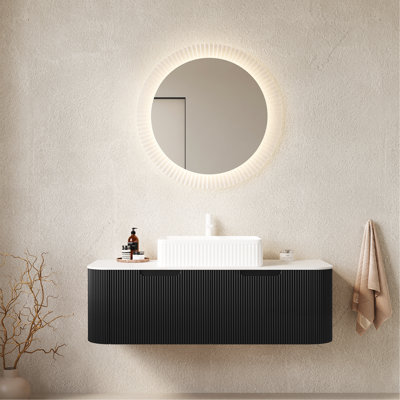Meuble-lavabo 48 po avec lavabo, meuble-lavabo mural à bords arrondis avec 2 tiroirs, lavabo rectangulaire en céramique blanc, sans robinet, pré-assemblé, couleur noire