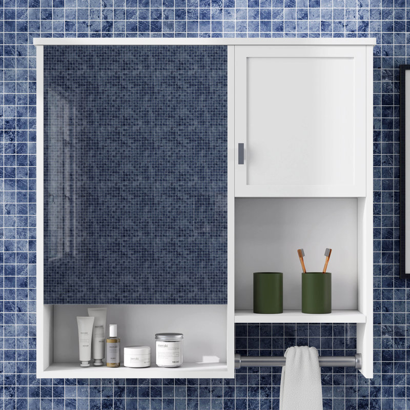 Pharmacie de salle de bain avec miroir 29 po x 28 po, armoire de rangement murale avec porte, tablette réglable et barre à serviettes