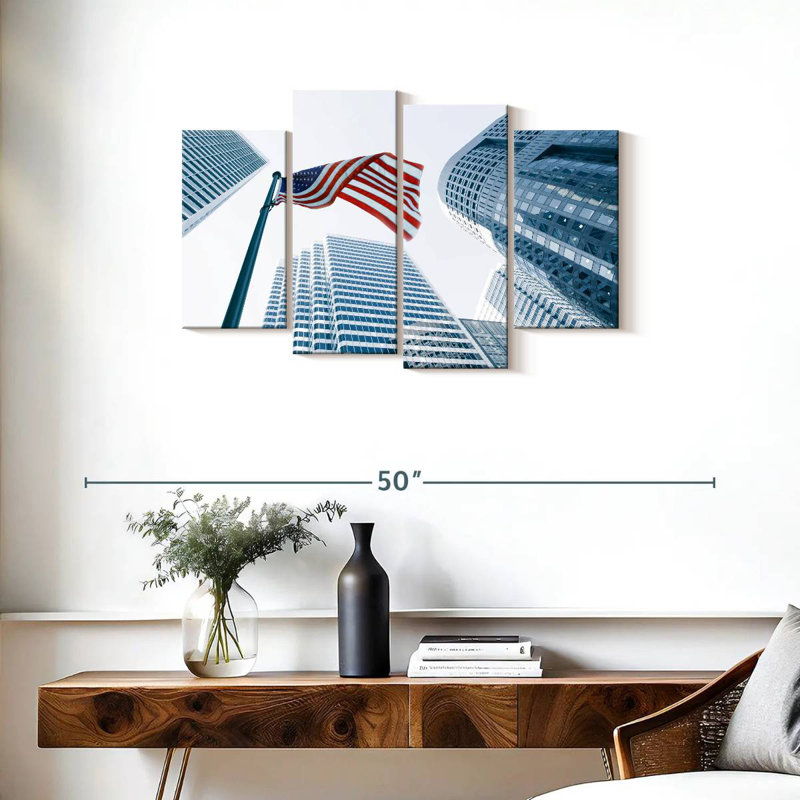 Borges Buildings And American Flag, 22" H x 36" W