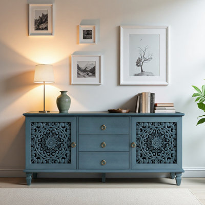 Farmhouse TV Stand with Hollow Carved Doors, Vintage Sideboard Buffet Storage Cabinet with 3 Drawers & Adjustable Shelves, Retro Freestanding Console Table for Living Room Dining Room Entryway