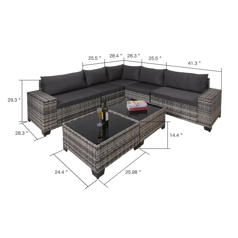 Ensemble de canapé d'extérieur en osier 7 pièces avec table basse 7 pièces , Noir, Gris foncé