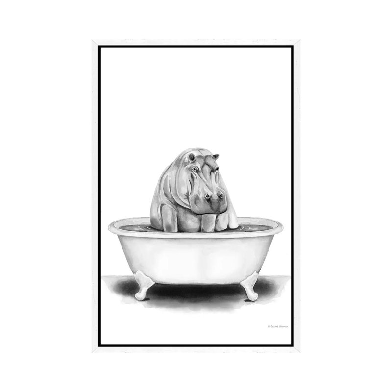 Hippo In Tub by Rachel Nieman - Print on Canvas, 101.6cm H x 66.04cm W x 3.81cm D, White Framed