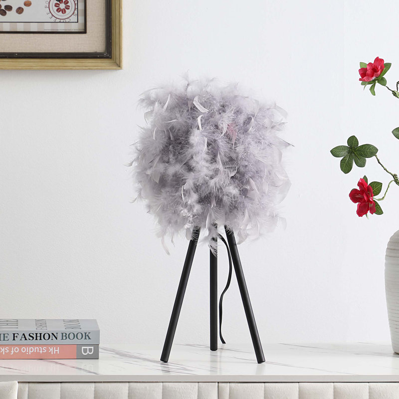 20.5" In Feather Shade Modern Tripod Metal Table Lamp, Soft Grey