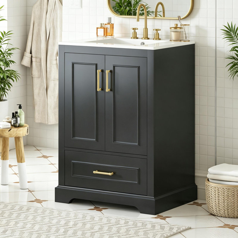 Meuble-lavabo autoportant en bois 24 po avec lavabo 24 po, 1 tiroir divisé, 2 portes à fermeture douce avec supports de rangement, gris