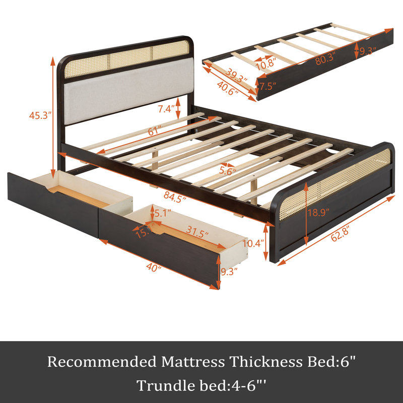 Grand lit plateforme en bois avec lit gigogne et 2 tiroirs, Espresso