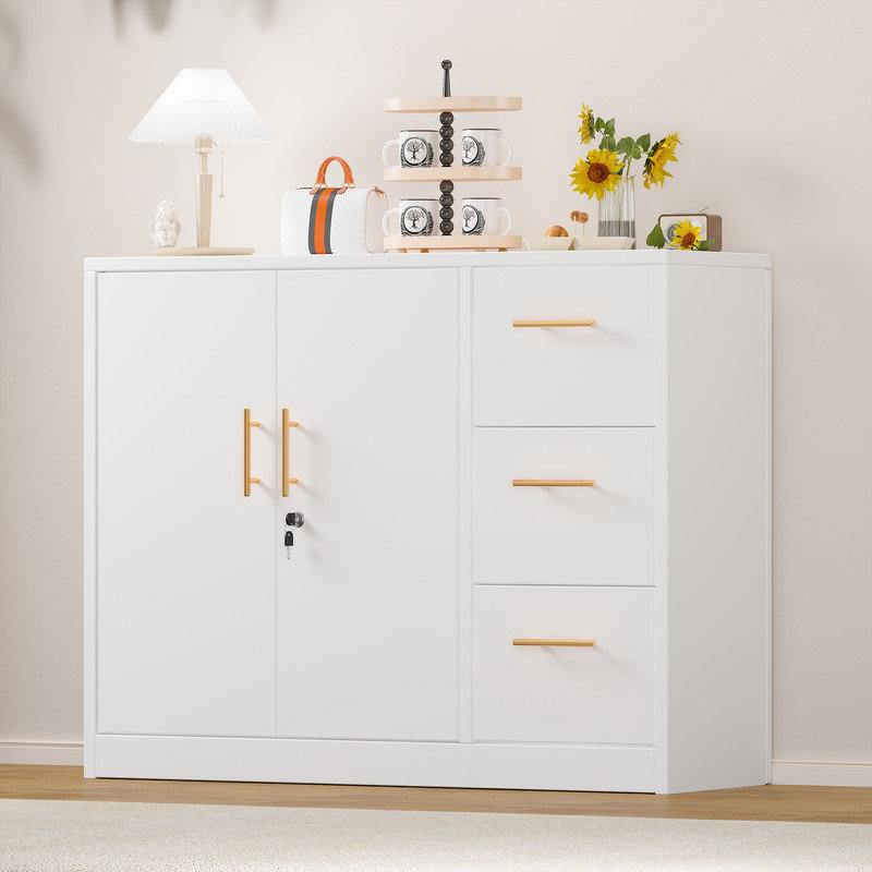 Metal Sideboard Buffet Stoarge Cabinet With 2 Doors And 3 Drawers For Kitchen Living Room, White
