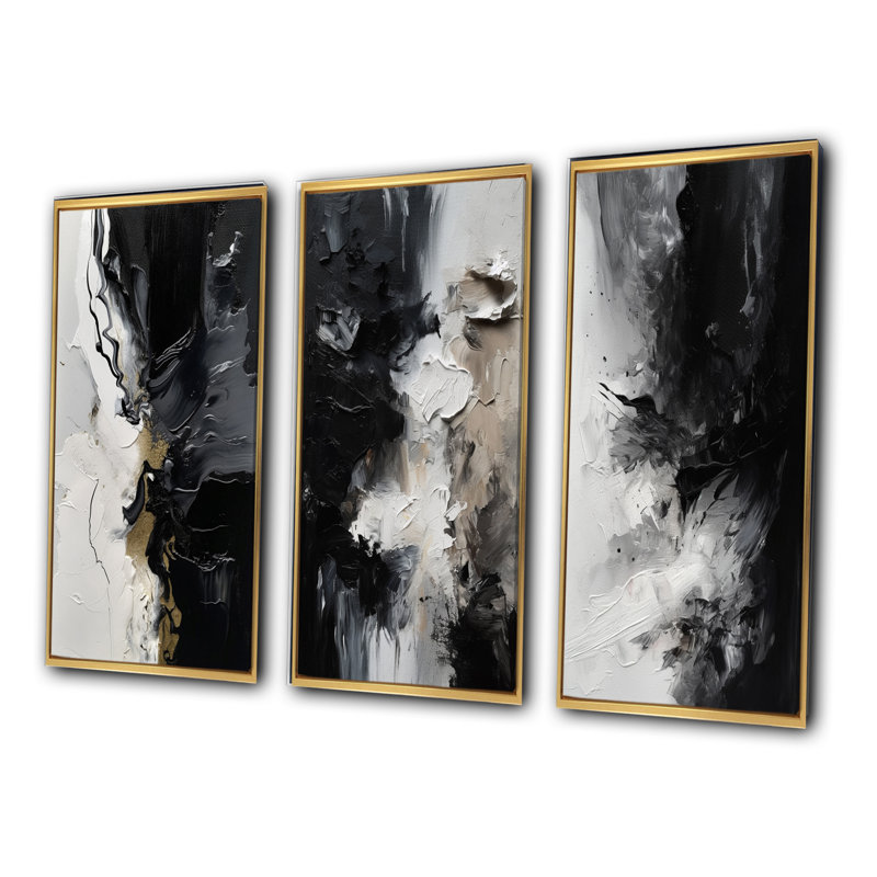 3 pièces sur toile - Peinture abstraite noire, Cadre flottant doré, H 32 po x l 48 po