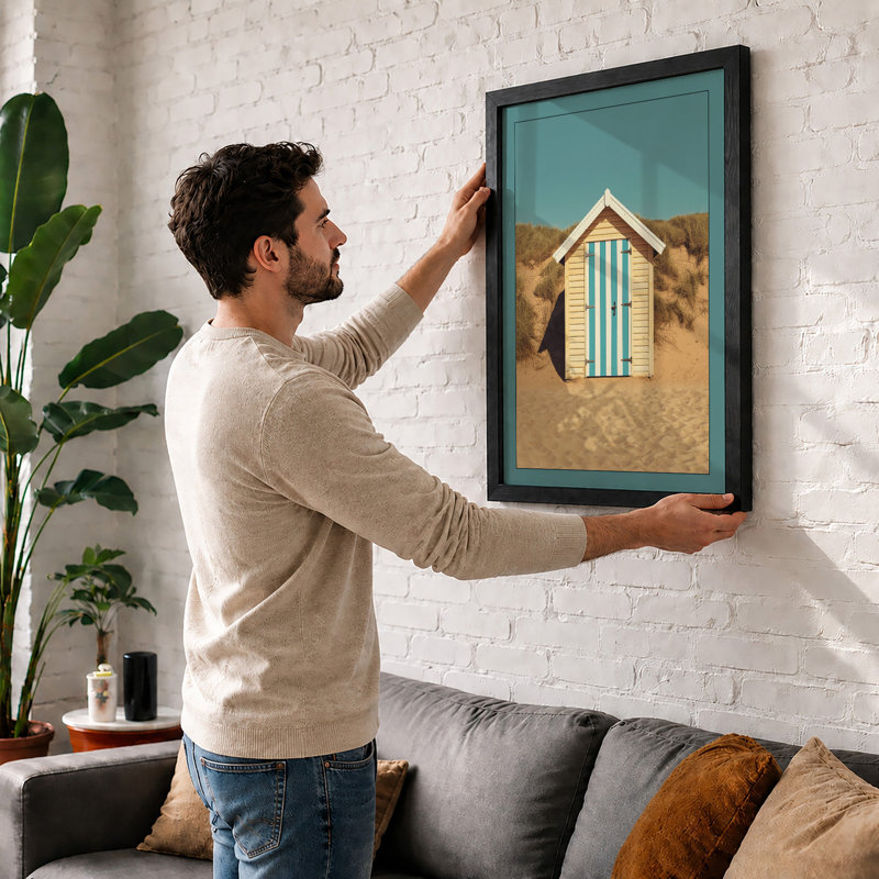 Solitary Beach Hut Coastal - Framed Print, Oak, A4 - 29.7 x 21.0 cm