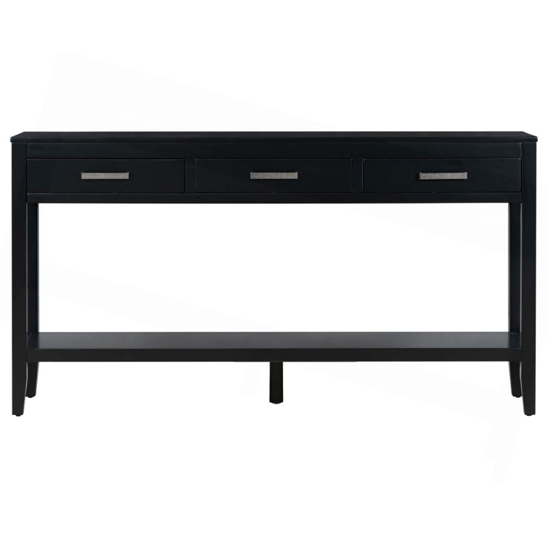 59.1'' Farmhouse Entryway Table With 3 Drawers,Painted Console Table With Bottom Shelf & Iron Handles, Black