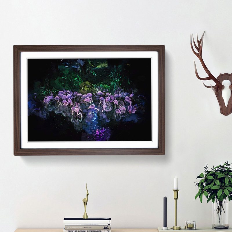 Neon Flamingos in Abstract - Framed Print, 27cm H x 36cm W x 2cm D, Walnut Framed